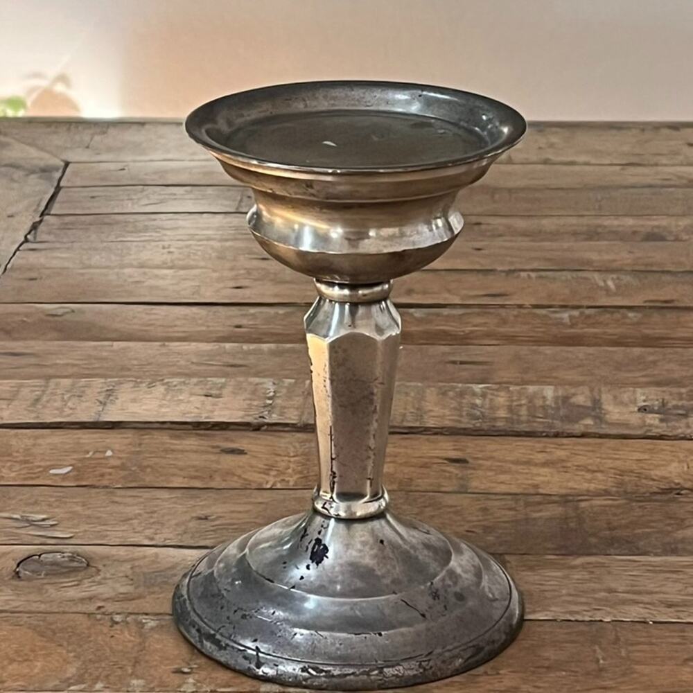 Crate And Barrel Antiqued Silver 6.5” Candle Holder Pillar Timeless